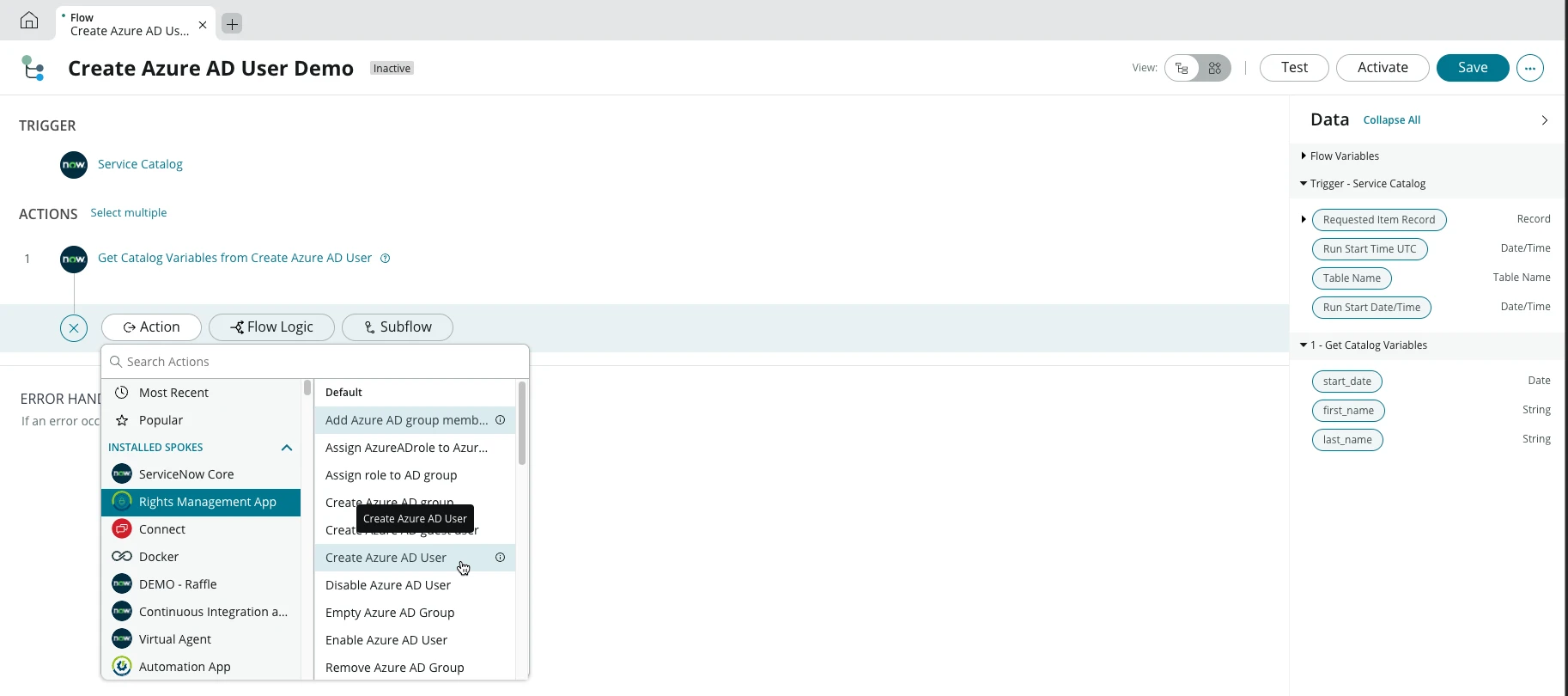 Action create azure AD User
