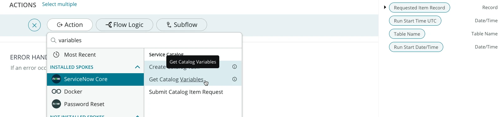 Get catalog variables