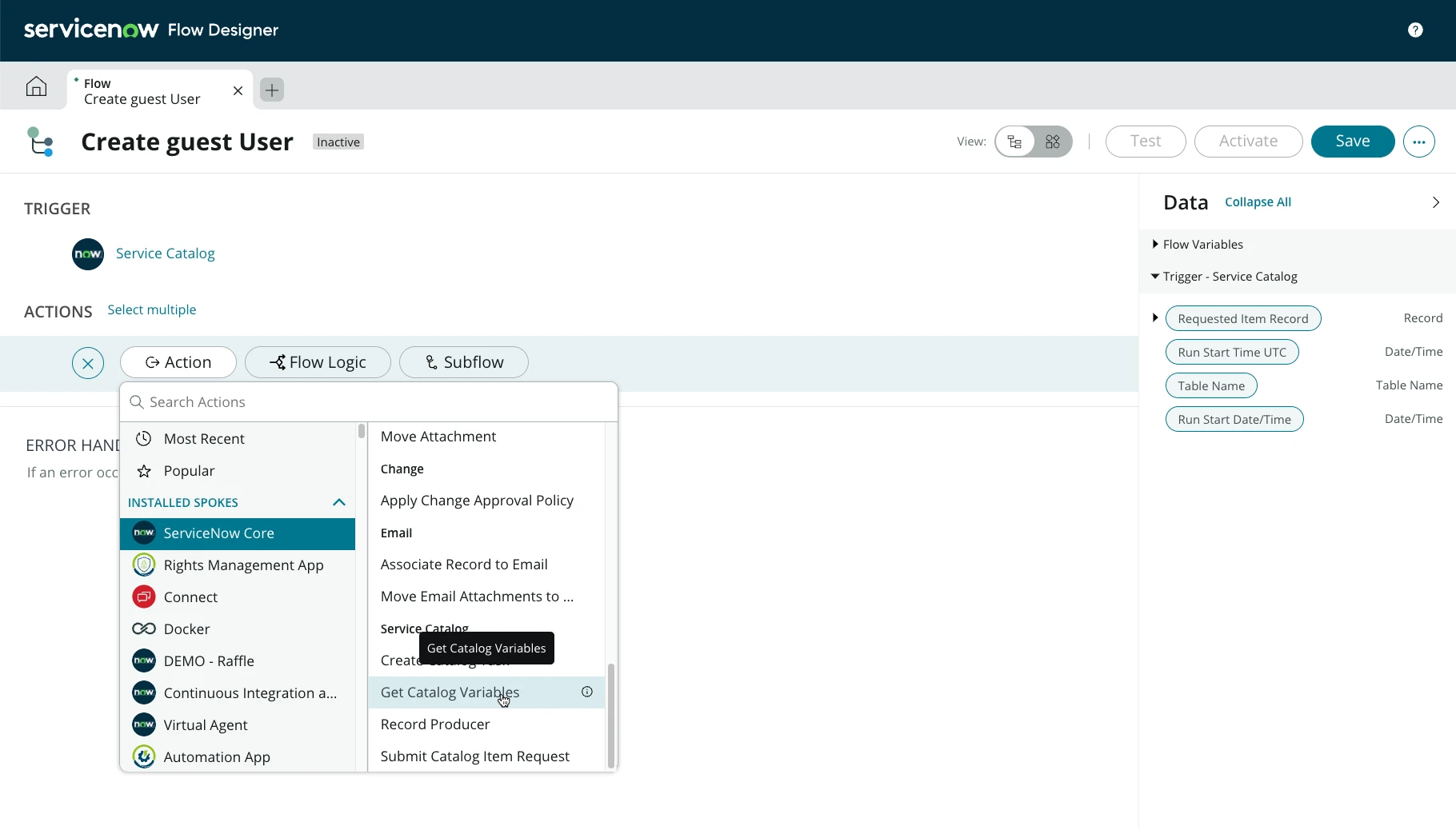 Get catalog variables