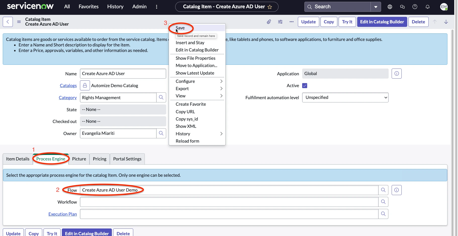 Catalog Item create AAD User