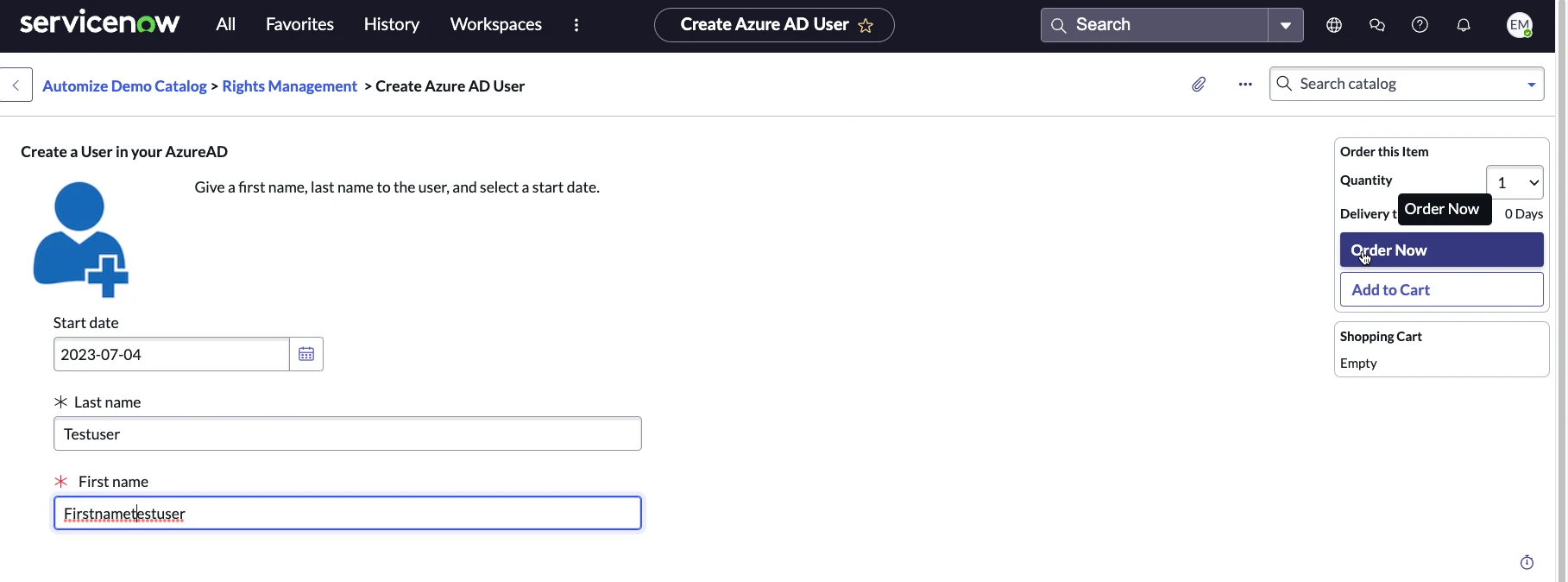Catalog Item create AAD User