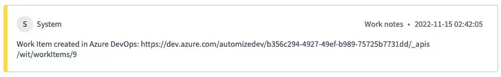 Work note showing a work item has been created