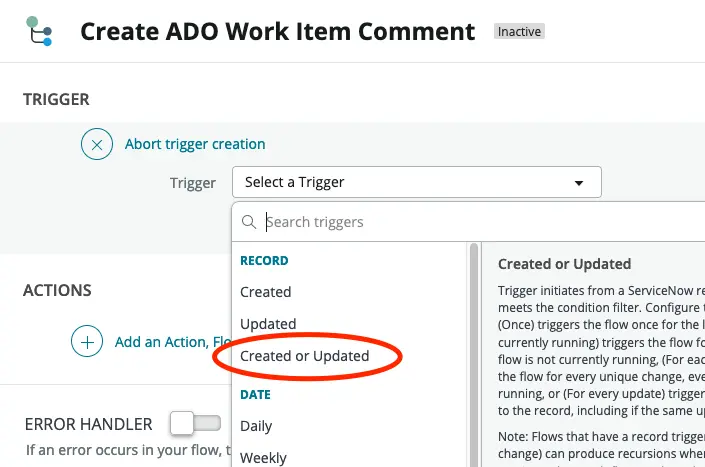 Work note showing a work item has been created