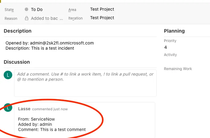 Work note showing a work item has been created