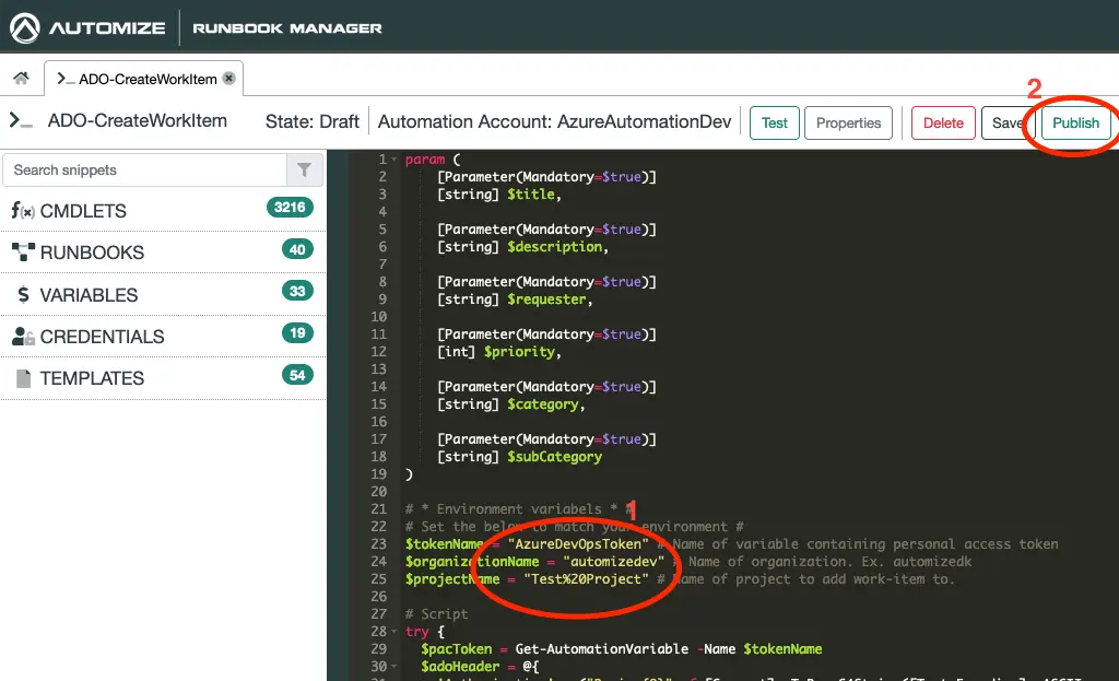 Configure and publish the Runbook