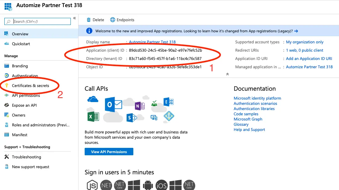 Copy Application ID and Directory ID