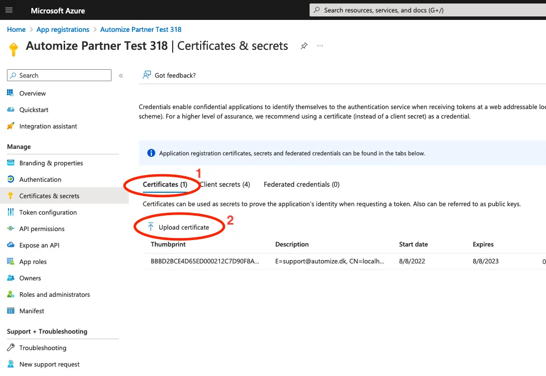 Upload the certificate